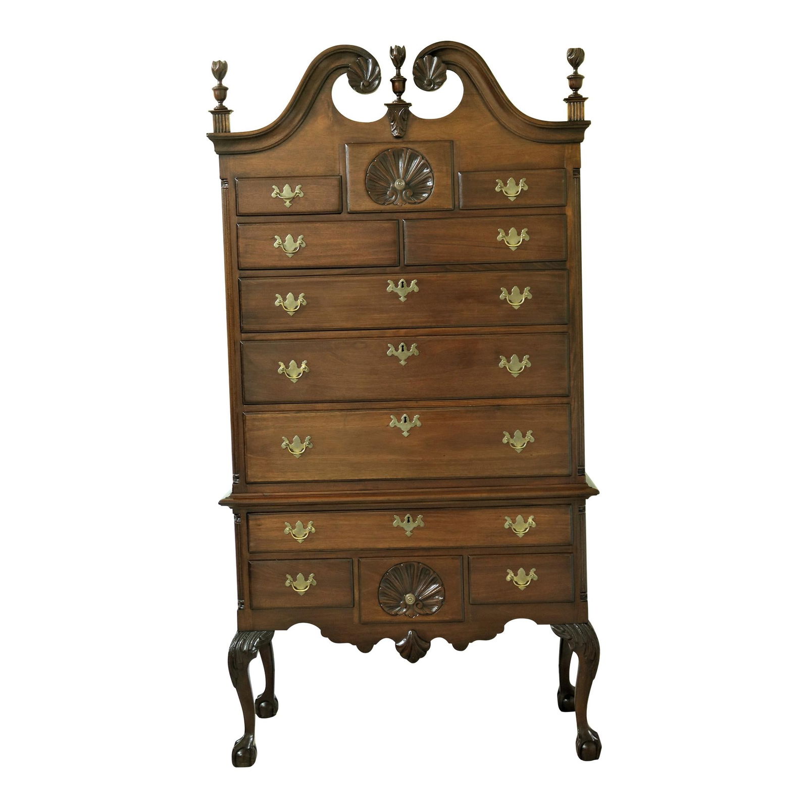 Feldenkreis C.1900s Chippendale Mahogany Highboy with Brass Hardware: Feldenkreis C.1900s Chippendale Mahogany Highboy with Brass Hardware This vintage Chippendale highboy, crafted from solid mahogany, showcases exquisite craftsmanship from the early 1900s. Featuring el