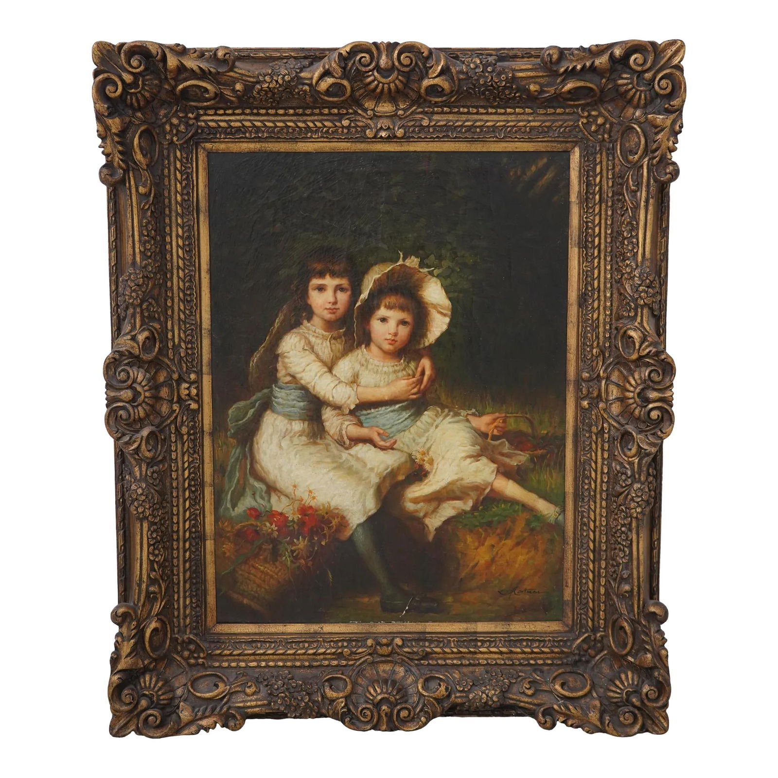 Artist Signed Large Framed Oil Painting of Two Young Girls: Artist Signed Large Framed Oil Painting of Two Young Girls This large framed oil painting on canvas captures the charming essence of two young girls, making it a striking addition to any space. It fea