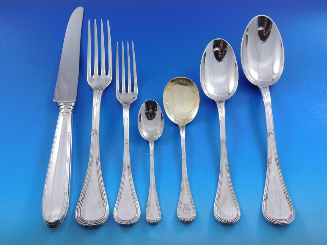 Puiforcat Bougainville Sterling Silver Flatware Set for 12 91 Pieces with Storage Chest: Puiforcat Bougainville Sterling Silver Flatware Set for 12 91 Pieces with Storage Chest Elevate your dining experience with this exquisite Bougainville flatware set by Puiforcat, a renowned French sil
