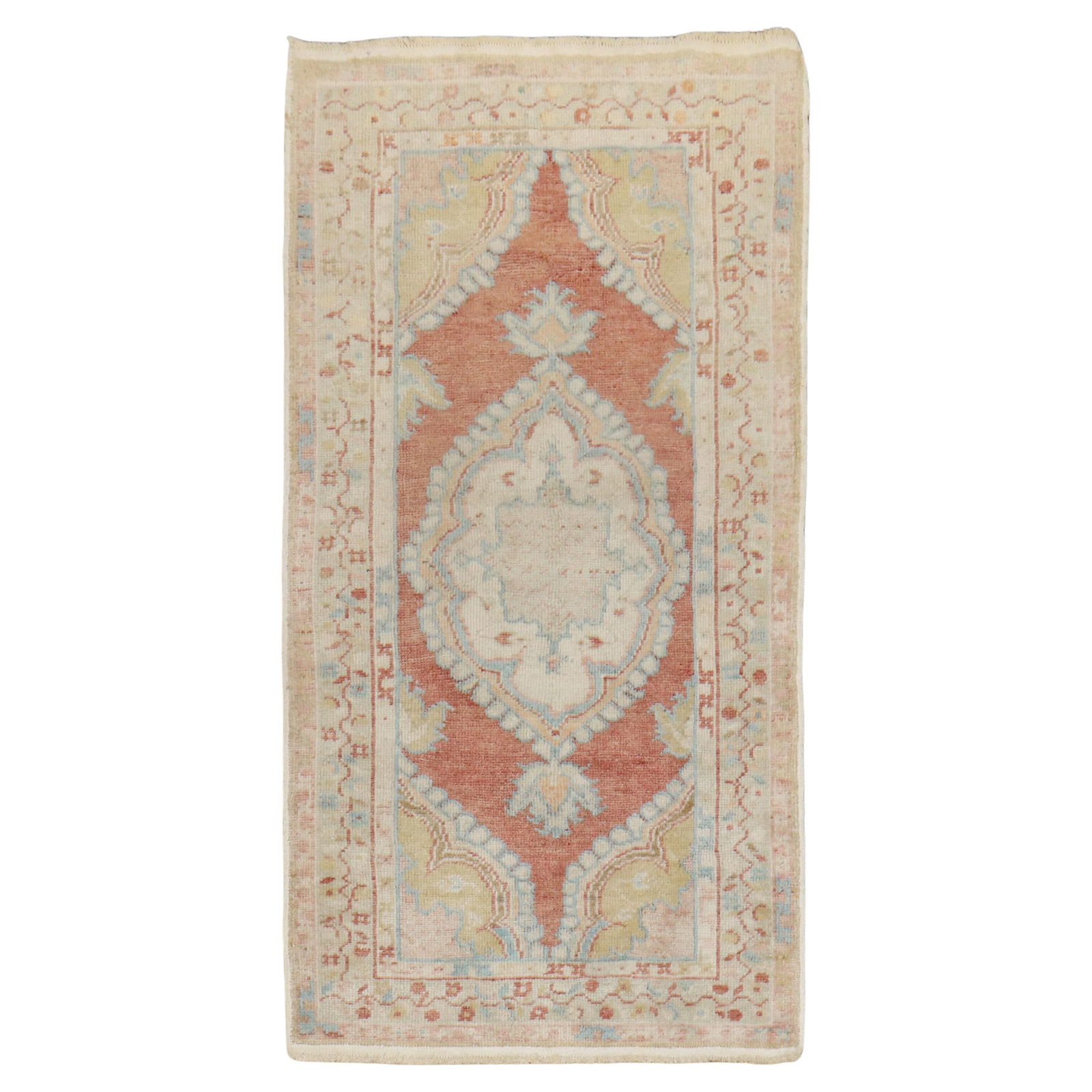 Zabihi Vintage Turkish Oushak Scatter Rug Hand-Knotted Angora Wool 30 x 50: Zabihi Vintage Turkish Oushak Scatter Rug Hand-Knotted Angora Wool 30 x 50 Discover the exquisite beauty of this vintage Turkish Anatolian rug from the Zabihi Collection. Crafted in the early 20th cen
