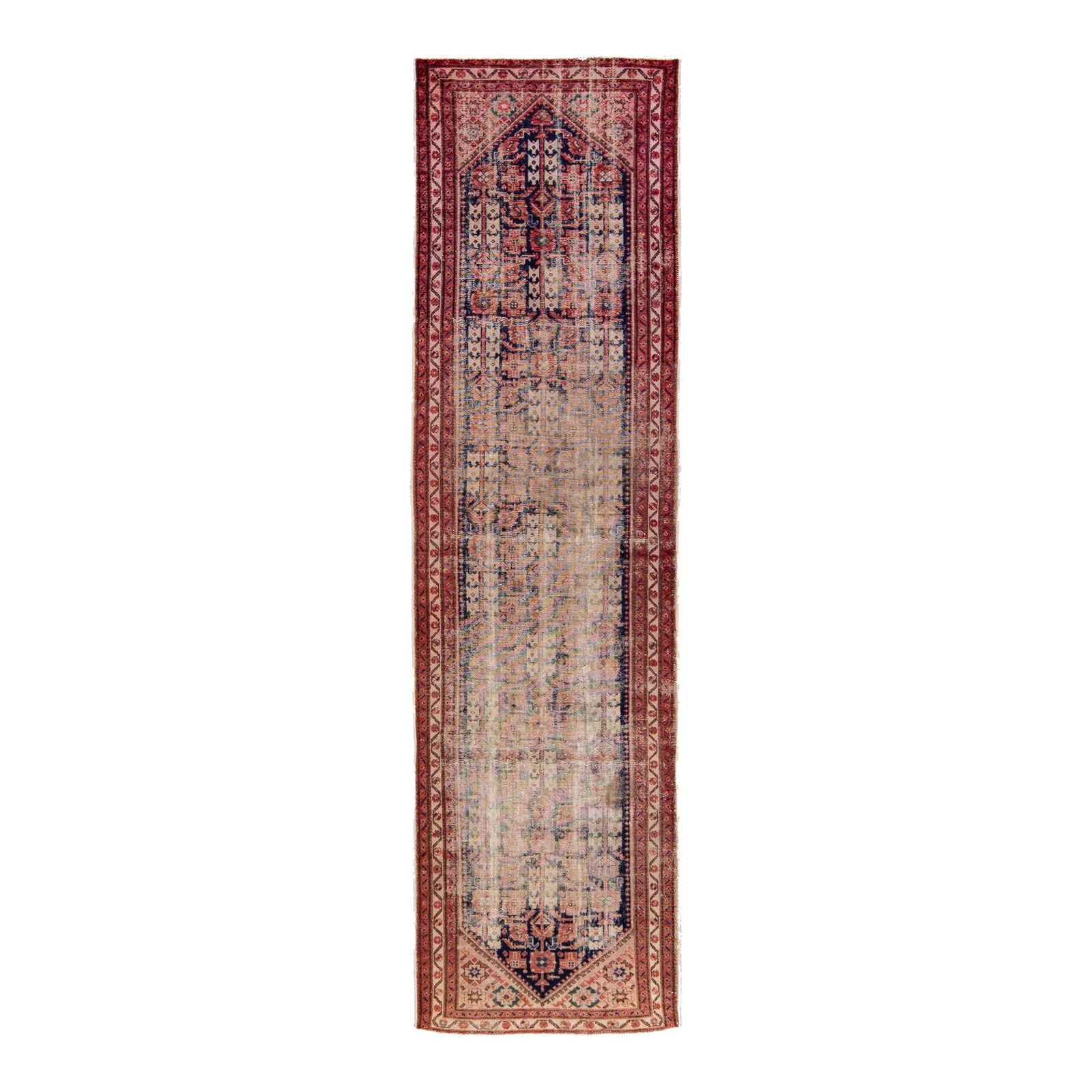 Vintage Malayer Hand-Knotted Wool Runner Blue Distressed 3'6 x 13': Vintage Malayer Hand-Knotted Wool Runner Blue Distressed 3'6 x 13' This beautiful Vintage Malayer hand-knotted wool runner features a stunning blue distressed field adorned with red accents throughout