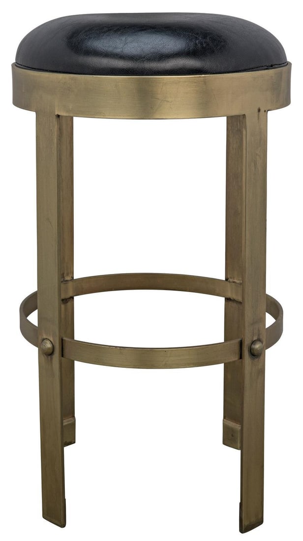 Noir Brass Industrial Steel Leather Prince Counter Stool: Noir Brass Industrial Steel Leather Prince Counter Stool Introducing the Industrial Steel Leather Prince Stool, a striking piece that combines vintage charm with modern industrial style. This counter