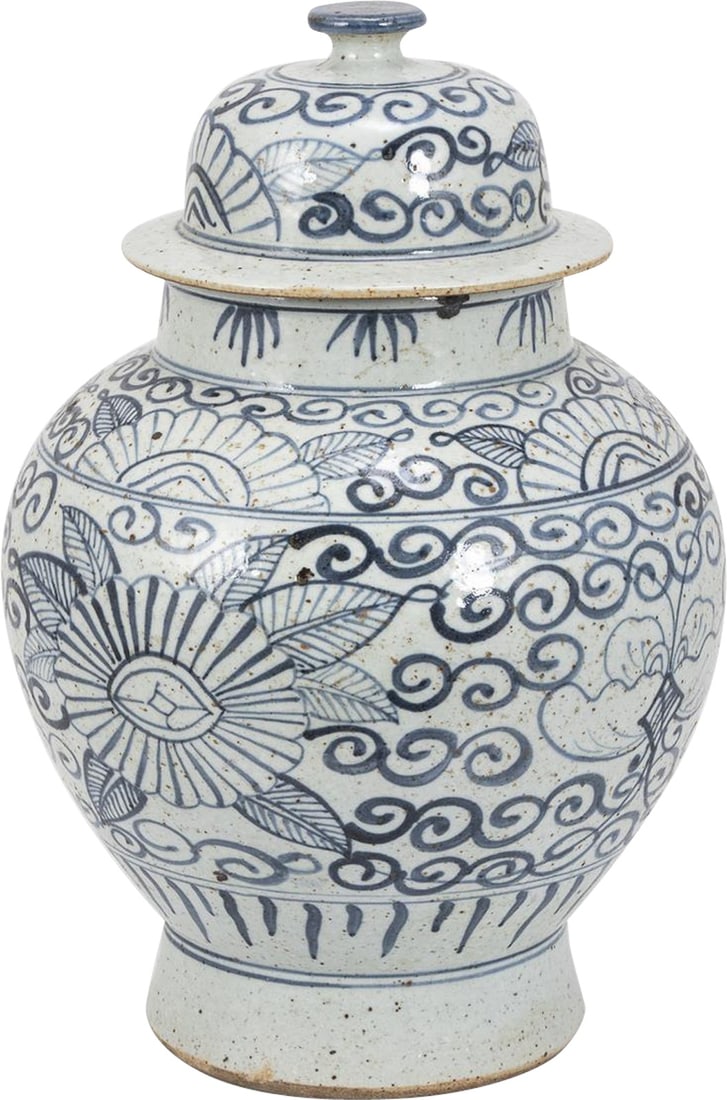 Chinoiserie Blue White Temple Jar with Sunflower Design: Chinoiserie Blue White Temple Jar with Sunflower Design This exquisite Blue & White Temple Jar features a stunning hand-painted sunflower design, showcasing the elegance of Chinoiserie style. Crafted
