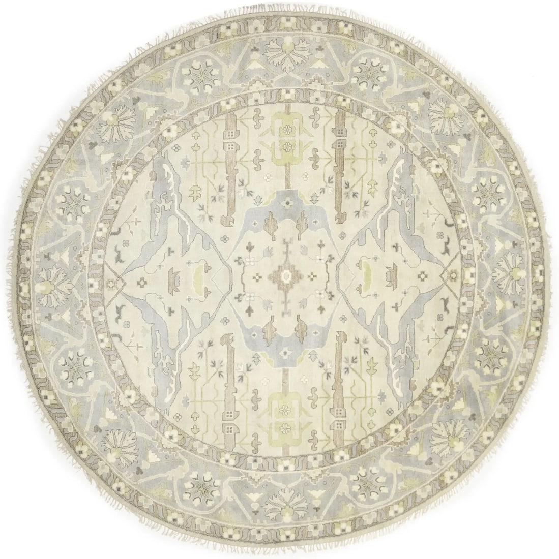 Hand-Knotted Floral Round Wool Rug 12ft Cream Gray Modern Decor: Hand-Knotted Floral Round Wool Rug 12ft Cream Gray Modern Decor Transform your living space with this exquisite hand-knotted cream Oushak floral round rug. Measuring 11'10" in diameter, this rug featu