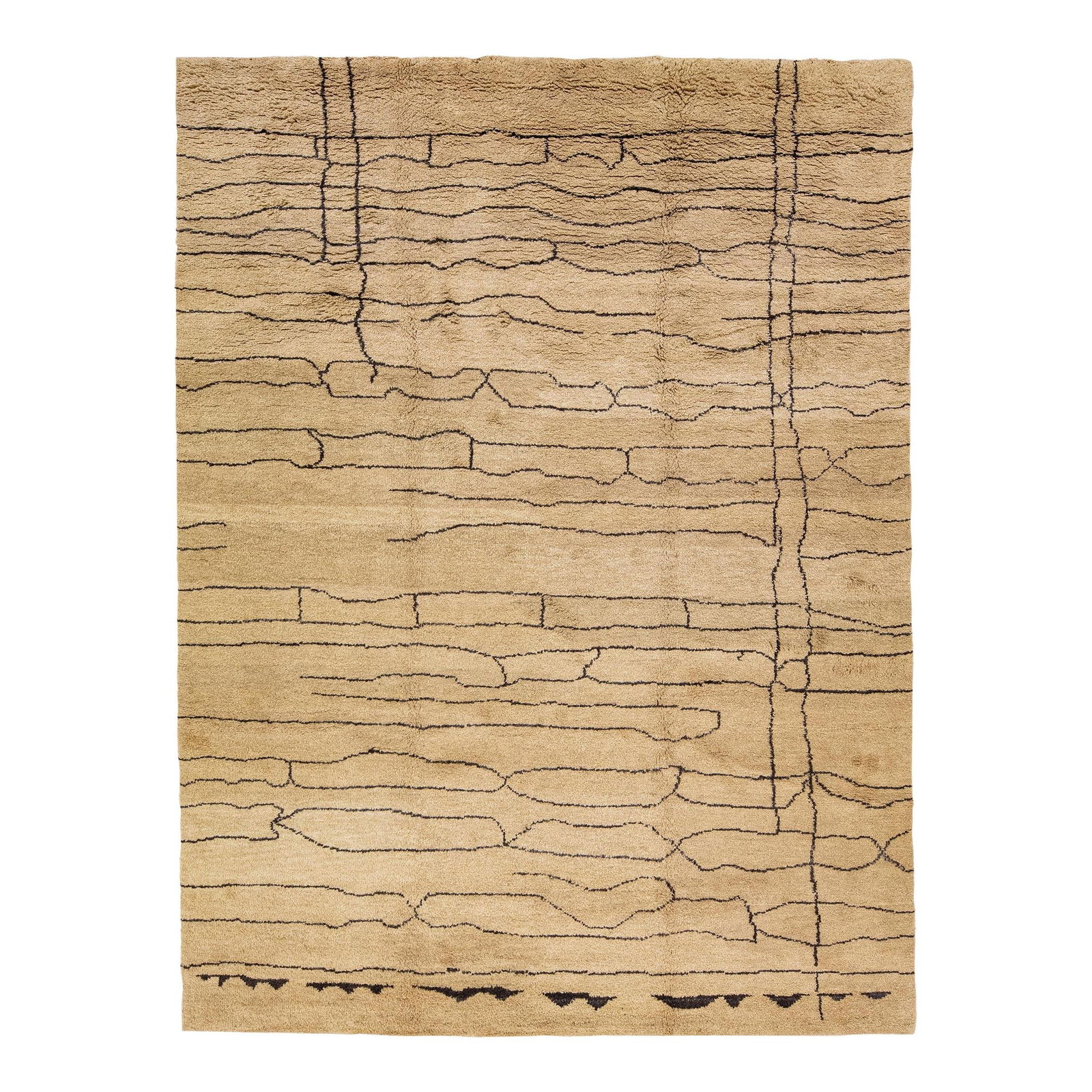 Handmade Modern Moroccan Brown Wool Rug 9' x 12' Geometric Design: Handmade Modern Moroccan Brown Wool Rug 9' x 12' Geometric Design Enhance your space with this stunning modern Moroccan style hand-knotted wool rug. Featuring a rich brown field accented with bold bla