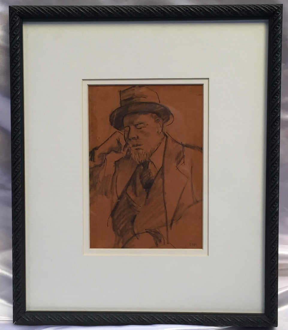 1900s French Signed Drawing of Sleepy Man by YAM: 1900s French Signed Drawing of Sleepy Man by YAM Discover a stunning early 20th-century French drawing depicting a man peacefully asleep while seated. This artwork showcases exceptional detail and cra