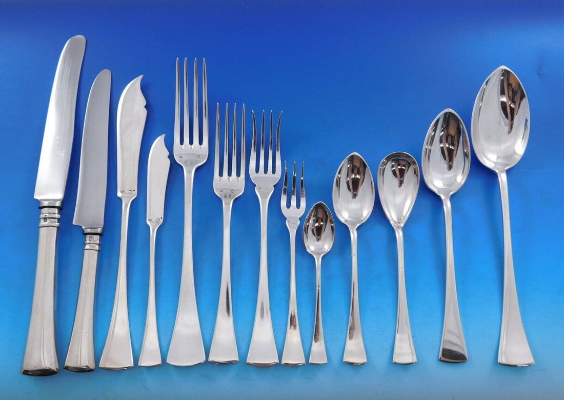 Austrian 800 Silver Flatware Set 86 Pieces Mid-Century Modern: Austrian 800 Silver Flatware Set 86 Pieces Mid-Century Modern Elevate your dining experience with this exquisite Austrian 800 silver flatware set, featuring a sleek mid-century modern design. Comprisi