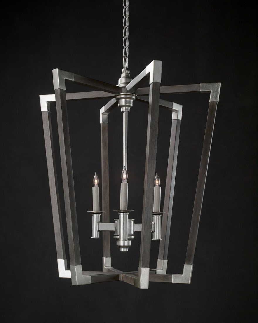 Currey Bastian Adjustable Arts and Crafts Gray Chandelier: Currey Bastian Adjustable Arts and Crafts Gray Chandelier Illuminate your space with this stunning Adjustable Arts & Crafts Gray Chandelier from the Bastian collection. This medium gray lantern featur