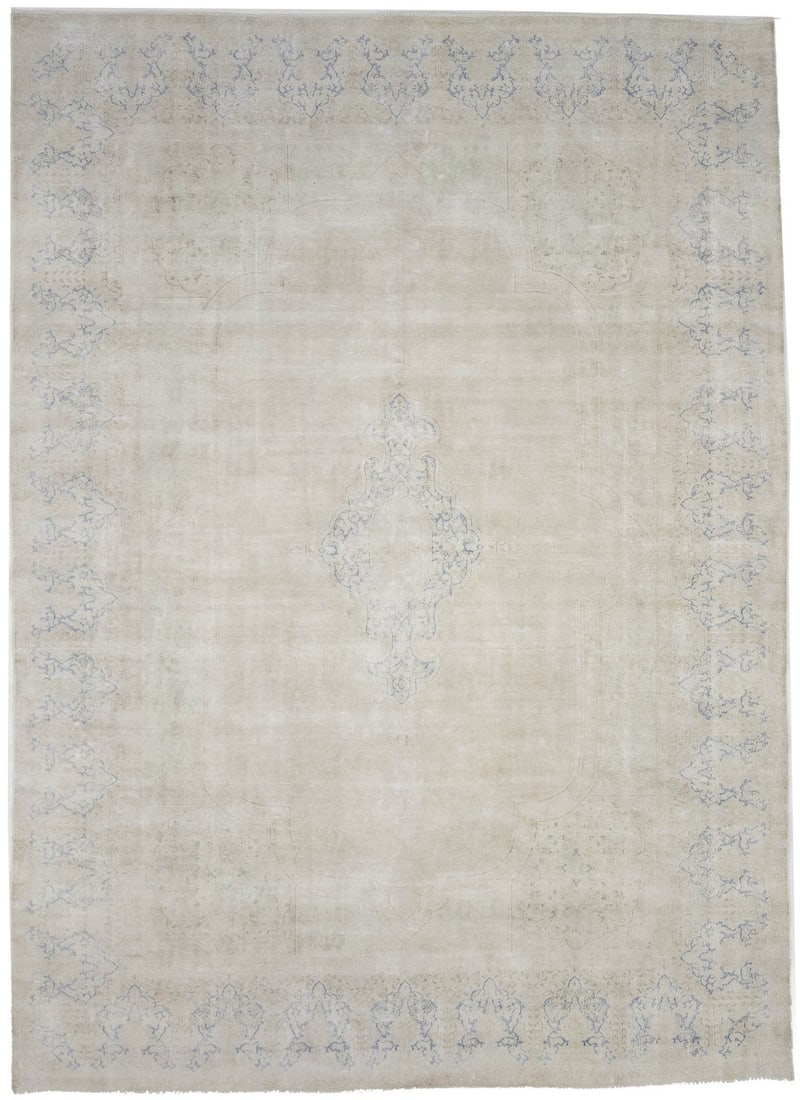 Hand-Knotted Wool Area Rug 9'5 x 12'11 Vintage Floral Pattern: Hand-Knotted Wool Area Rug 9'5 x 12'11 Vintage Floral Pattern This vintage Oriental rug features a distressed, stone-washed finish with a floral design in muted shades of beige, navy blue, cream, and