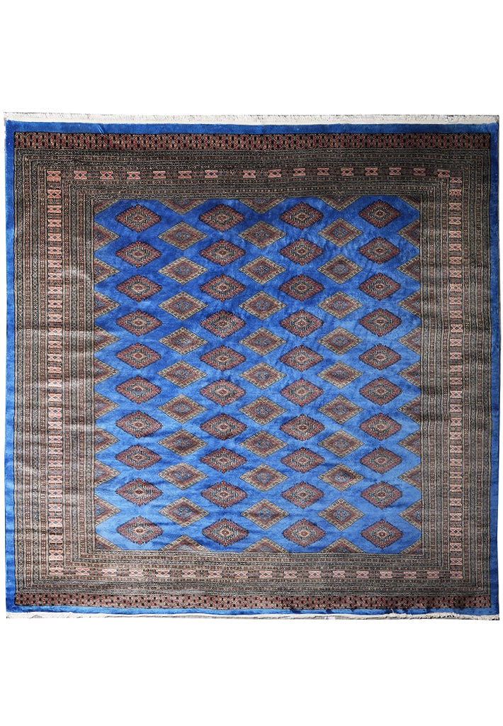 Electric Blue Jaldar Bokhara Wool Rug 90 x 99 Inch Handmade in Pakistan: Electric Blue Jaldar Bokhara Wool Rug 90 x 99 Inch Handmade in Pakistan Free continental US Shipping This handmade Jaldar Bokhara area rug features a striking electric blue color with traditional geom