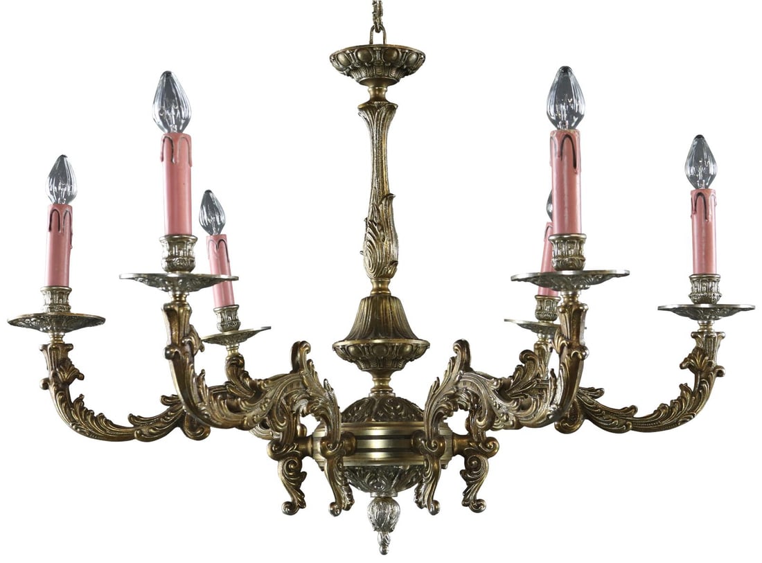 Vintage 1950s French Rococo 6-Arm Bowl Chandelier Antique Brass Finish: Vintage 1950s French Rococo 6-Arm Bowl Chandelier Antique Brass Finish Illuminate your space with this stunning 1950s Rococo chandelier from France. This exquisite bowl chandelier features a beautiful