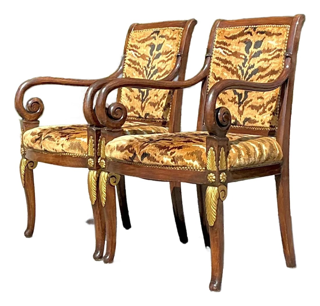 Vintage Empire Scalamandre Tiger Velvet Fauteuil Chairs Pair: Vintage Empire Scalamandre Tiger Velvet Fauteuil Chairs Pair Enhance your space with this stunning pair of Vintage Empire-style Fauteuils, featuring luxurious Scalamandre tiger velvet upholstery. Thes