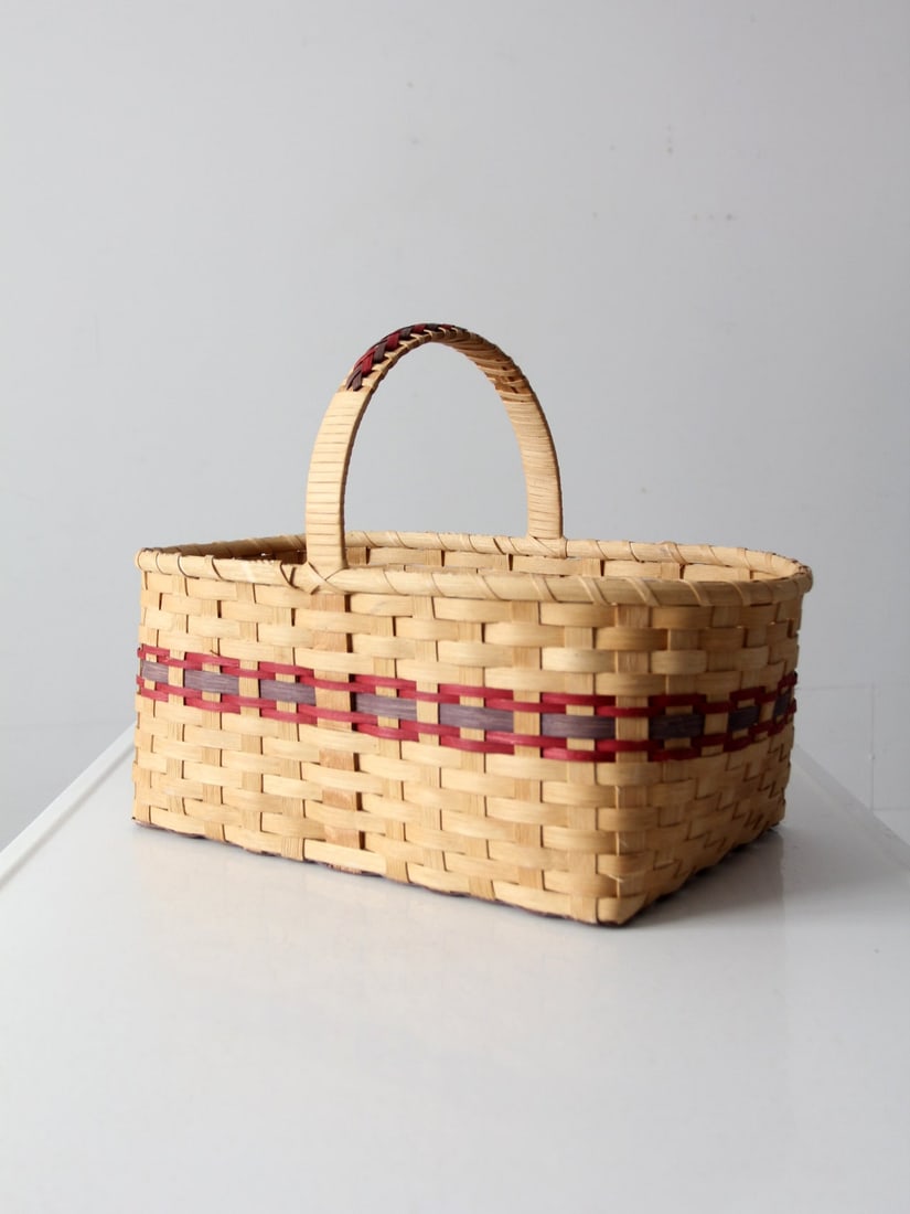 Vintage Hand-Woven Splint Basket Purple Red Stripes 20x14 Inches: Vintage Hand-Woven Splint Basket Purple Red Stripes 20x14 Inches This vintage hand-woven splint basket showcases a striking design with vibrant purple and red stripes, complemented by an open weave ba