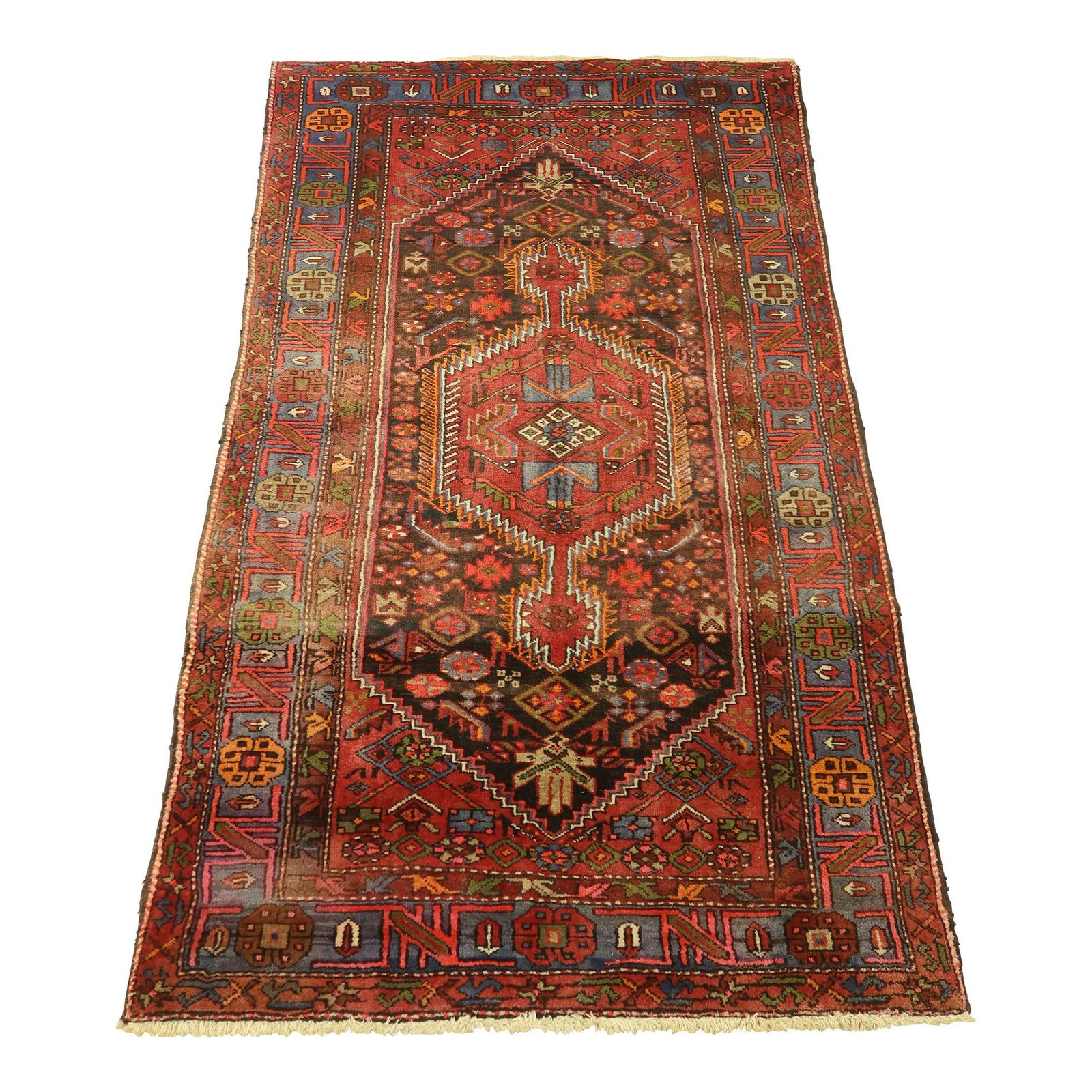 Vintage Hand Knotted Hamadan Design 54x96 Area Rug Red: Vintage Hand Knotted Hamadan Design 54x96 Area Rug Red Enhance your living space with this vintage Hamadan design hand-knotted area rug, approximately 50 years old. Crafted with high-quality textile,