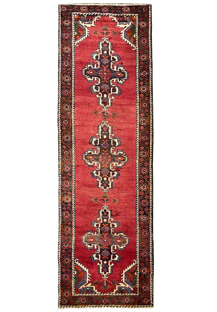 Handmade 3'2" x 10'11" Red Persian Hamadan Runner Rug: Handmade 3'2" x 10'11" Red Persian Hamadan Runner Rug Free continental US Shipping Introducing a stunning 3' 2" x 10' 11" Red Persian Hamadan Runner, handcrafted by skilled artisans in the historic ci