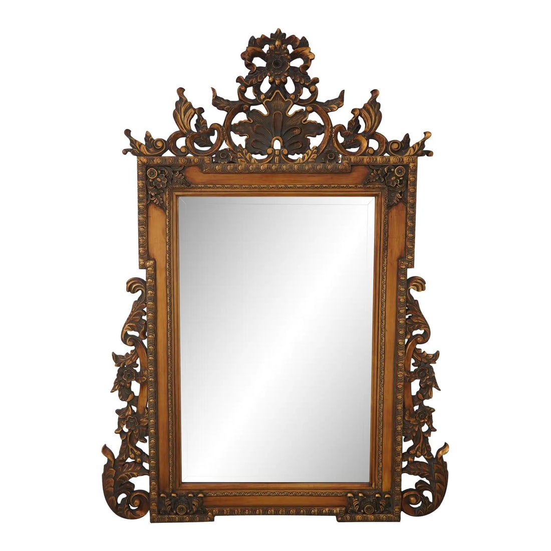 Italian Rococo Style Gold Finish Beveled Mirror 43" Wide: Italian Rococo Style Gold Finish Beveled Mirror 43" Wide This stunning large Italian Rococo style mirror showcases exquisite craftsmanship with its ornate carved frame and a beautiful 'antique' gold f