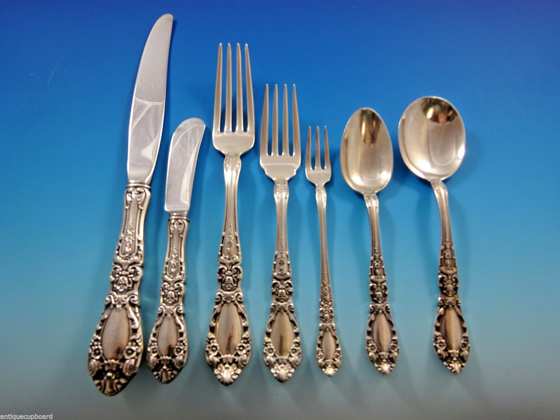 Alvin Prince Eugene Sterling Silver Flatware Set 61 Pcs Service for 8: Alvin Prince Eugene Sterling Silver Flatware Set 61 Pcs Service for 8 Elevate your dining experience with the stunning Prince Eugene Sterling Silver Flatware Set by Alvin, featuring a total of 61 piec