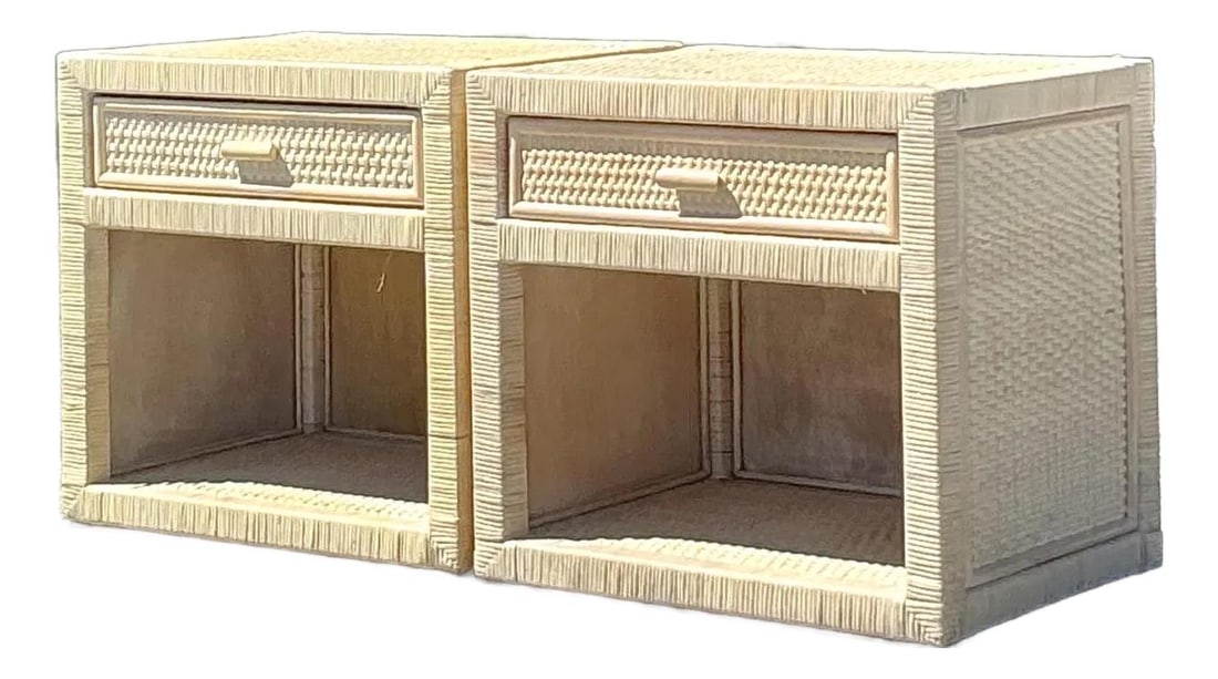 Pair of Vintage Rattan Nightstands for Coastal Decor: Pair of Vintage Rattan Nightstands for Coastal Decor Enhance your home with this exquisite pair of vintage wrapped rattan nightstands, perfect for adding a breezy coastal charm to any room. These nigh