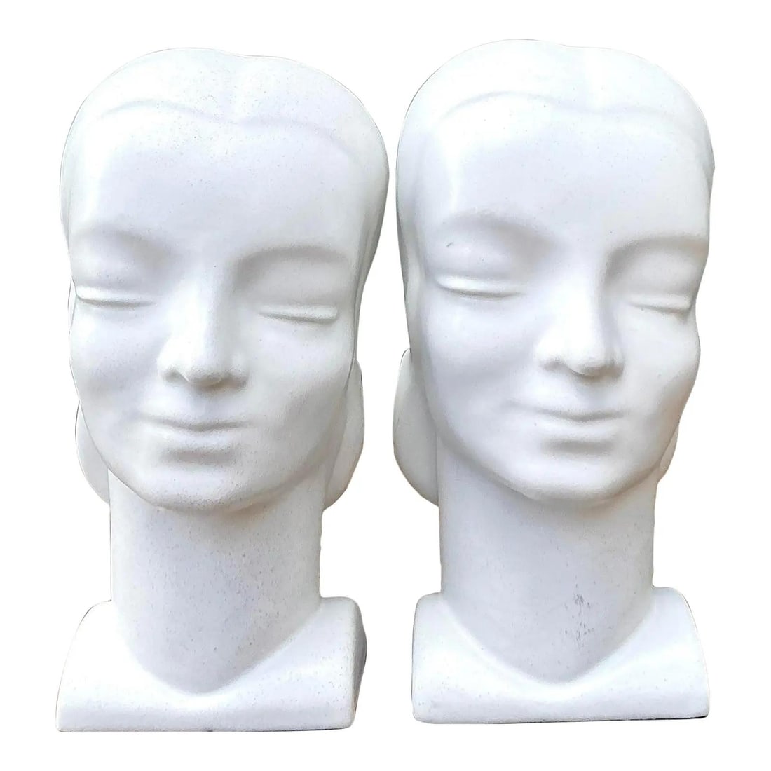 Vintage MCM White Ceramic Lady Head Wall Pockets Set of 2: Vintage MCM White Ceramic Lady Head Wall Pockets Set of 2 Enhance your vertical space with this exquisite set of two vintage mid-century modern glazed ceramic wall pockets. Each piece features the ele