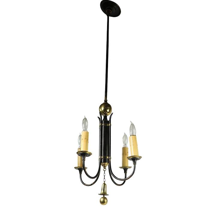 Vintage Art Deco Regency Chandelier Black Steel Brass 4-Light: Vintage Art Deco Regency Chandelier Black Steel Brass 4-Light Add a touch of elegance to your space with this stylish Art Deco Regency Style Chandelier. Crafted from black finished steel with brass tr