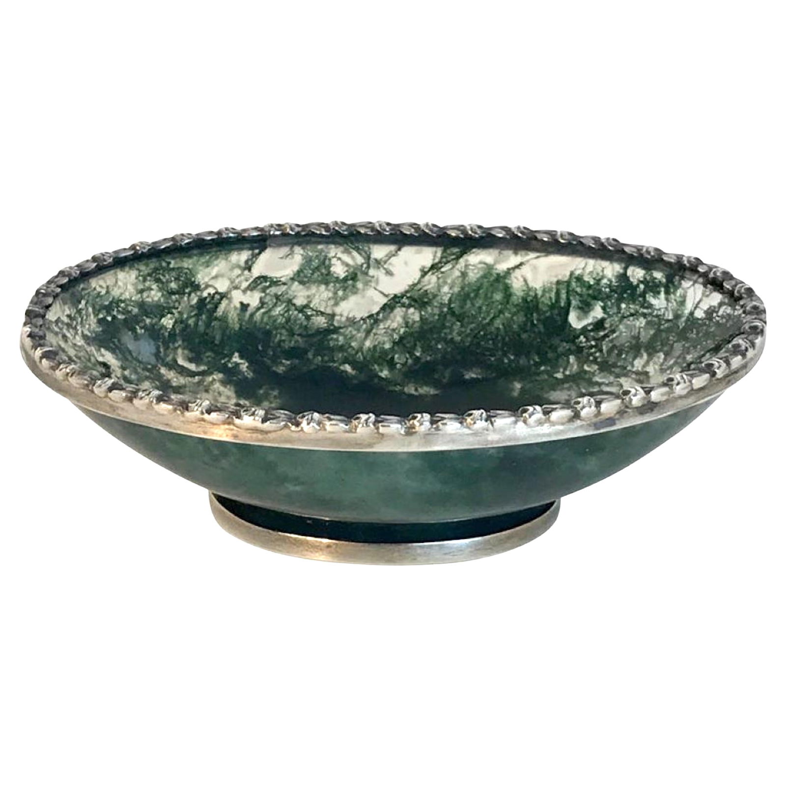 Early 20th Century Moss Agate Pedestal Bowl with Sterling Silver Mounts: Early 20th Century Moss Agate Pedestal Bowl with Sterling Silver Mounts This exquisite moss agate pedestal bowl showcases a refined design, featuring a beautifully carved bowl from richly patterned mo