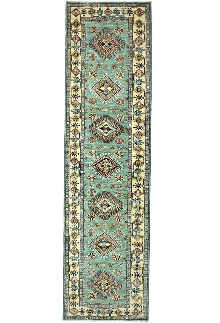 Handmade Kazak Geometric Runner Rug Wool Tribal Design 2'7 x 9'4: Handmade Kazak Geometric Runner Rug Wool Tribal Design 2'7 x 9'4 Enhance your space with this exquisite Handmade Kazak Tribal Geometric Runner Rug, measuring 2'7" x 9'4" ft. Crafted with care, this ha