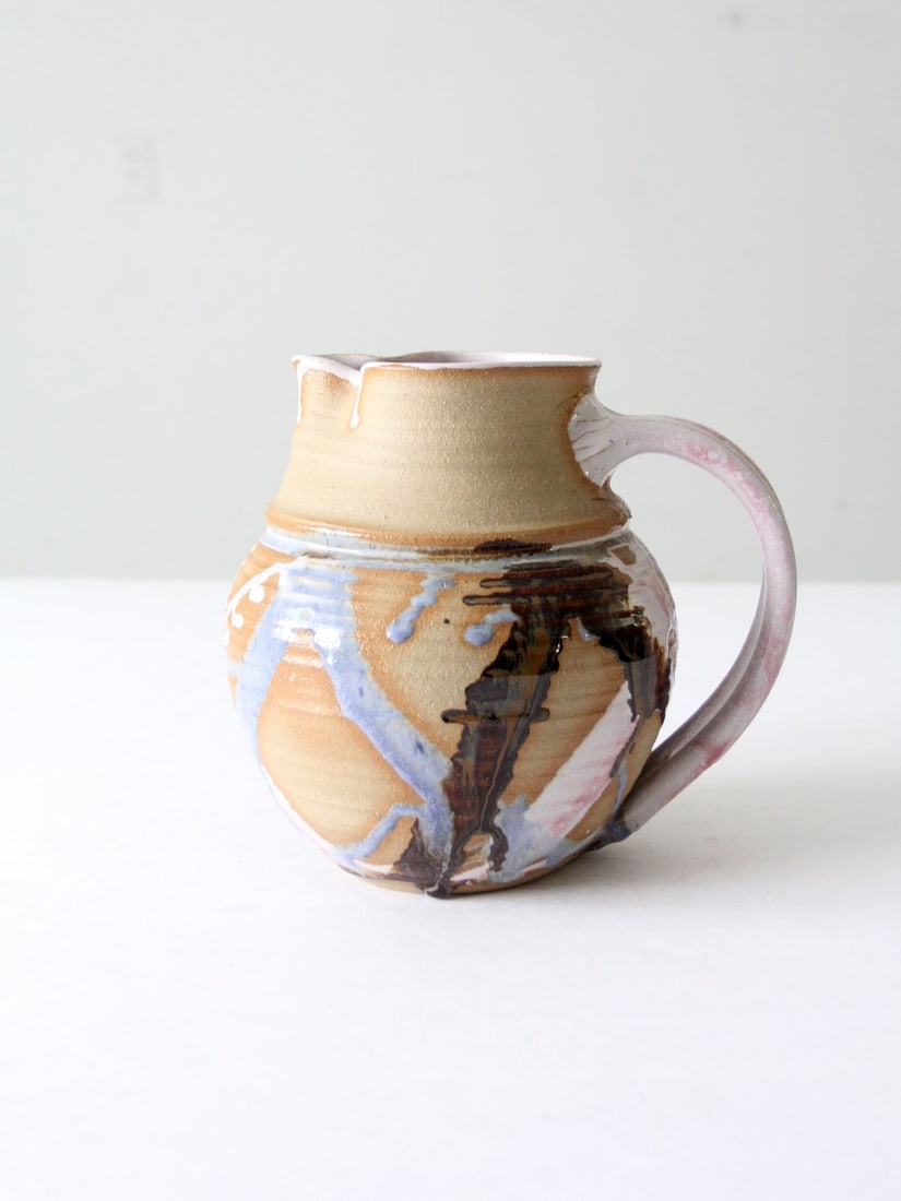 Signed Vintage Beige Ceramic Pitcher with Abstract Design (1 of 11)