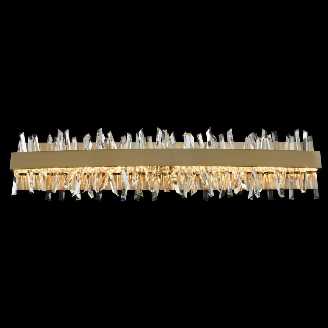 Kalco Glacier LED Bath Light 32-In Crystal Design Dimmable Brushed Gold: Kalco Glacier LED Bath Light 32-In Crystal Design Dimmable Brushed Gold Illuminate your bathroom with the stylish Glacier LED Bath Light, featuring a stunning crystal design that adds a touch of elega