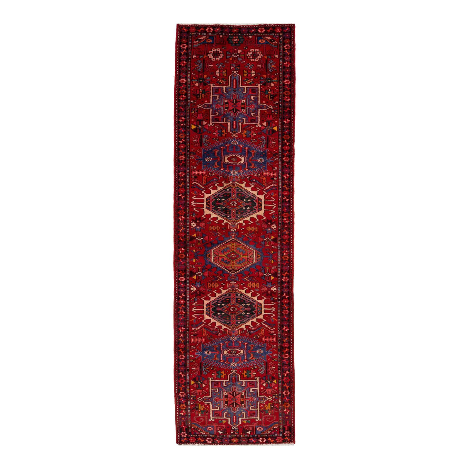 Handmade Persian Heriz Wool Runner Rug Red Tribal Design 3'1 x 10'10: Handmade Persian Heriz Wool Runner Rug Red Tribal Design 3'1 x 10'10 Enhance your space with this stunning Persian Heriz wool runner, meticulously hand-knotted in a vibrant red hue. The rug showcases