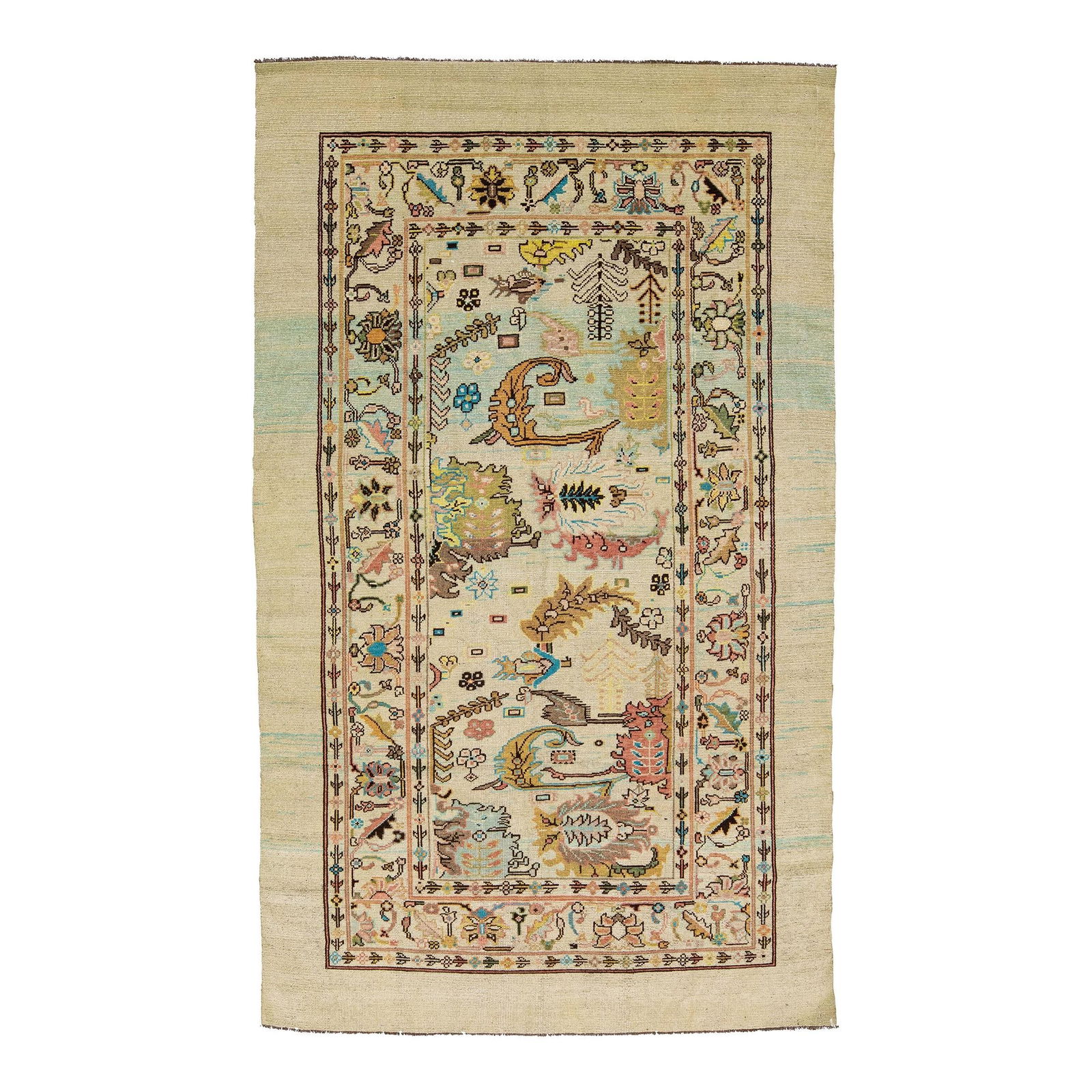 Handmade Floral Motif Beige Wool Rug Mid-Century Modern 6'7 x 11'1: Handmade Floral Motif Beige Wool Rug Mid-Century Modern 6'7 x 11'1 Enhance your living space with this exquisite Mid-Century Modern style handmade wool rug, inspired by 19th-century regional artisans.