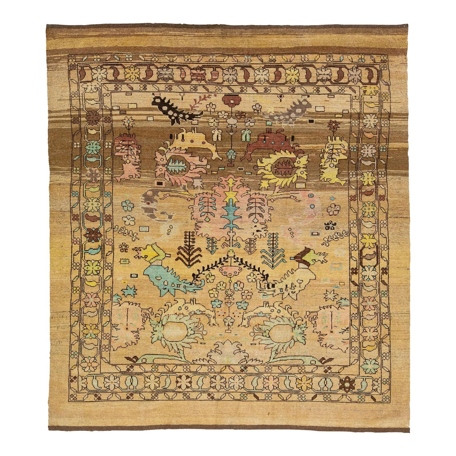 Art Deco Handmade Tan Brown Square Wool Rug 8' x 8'9": Art Deco Handmade Tan Brown Square Wool Rug 8' x 8'9" Enhance your living space with this stunning Transitional Art Deco handmade wool rug from our Northwest collection. Featuring a rich tan and brown