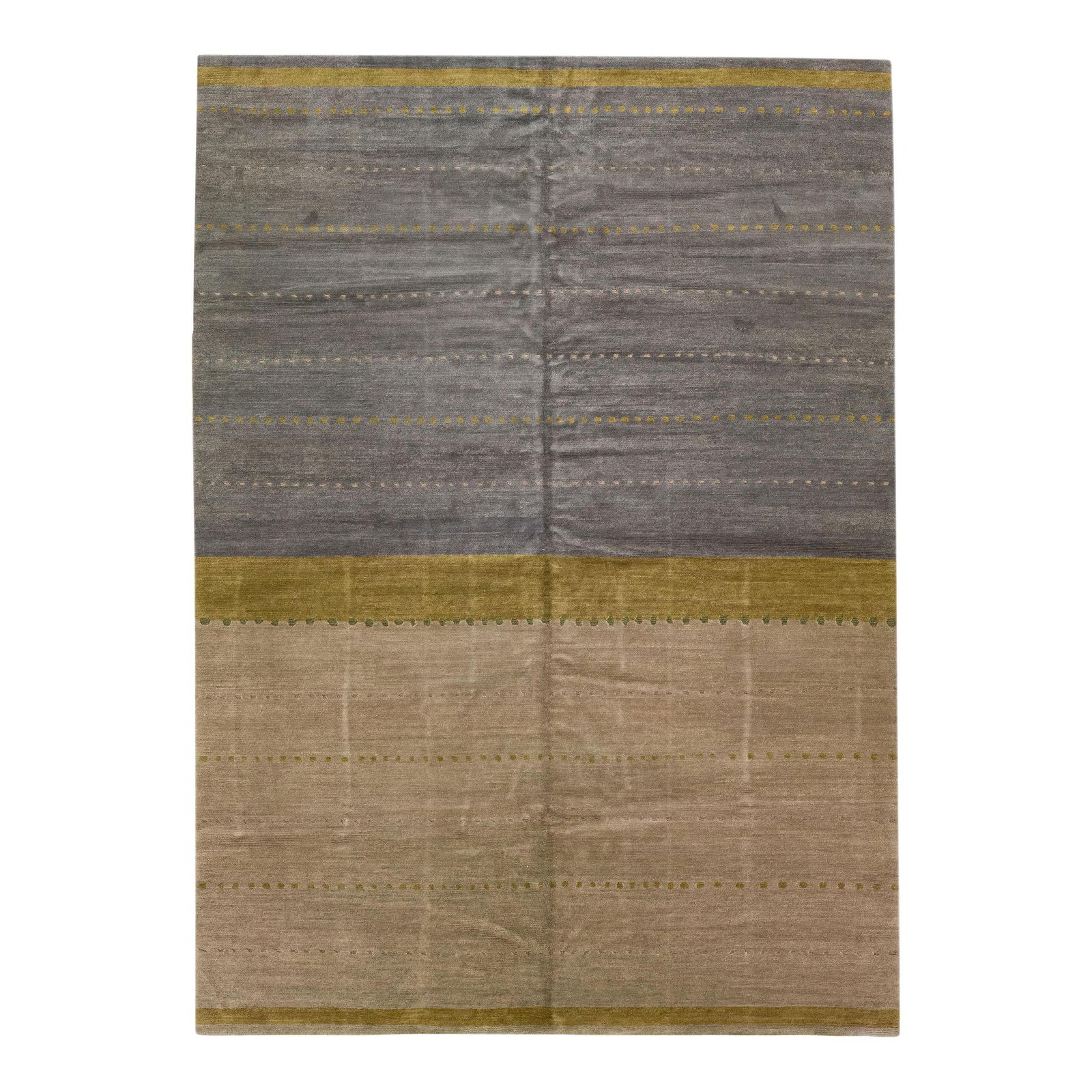 Modern Tibetan Handmade Wool Silk Rug 10' x 14' Gray Minimalist Design: Modern Tibetan Handmade Wool Silk Rug 10' x 14' Gray Minimalist Design Enhance your living space with this exquisite modern Tibetan hand-knotted rug, crafted from a luxurious blend of wool and silk. F