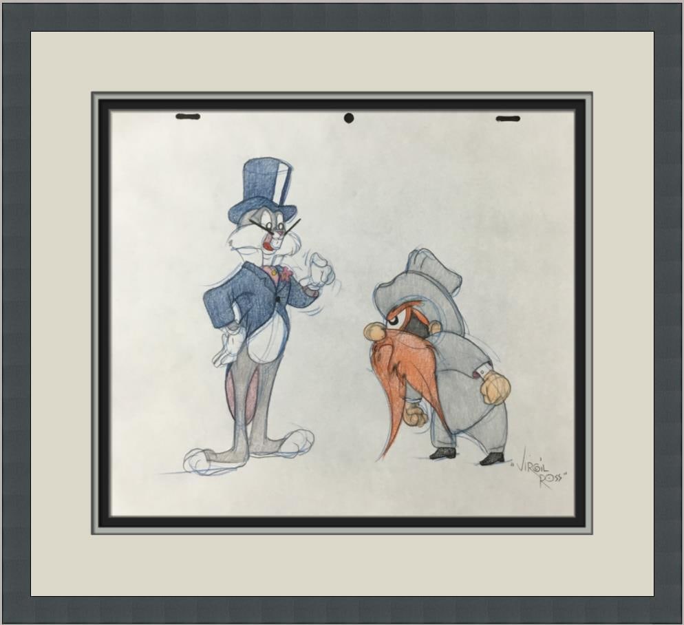 Signed Virgil Ross Yosemite Sam Bugs Bunny Model Sheet Framed Artwork: Signed Virgil Ross Yosemite Sam Bugs Bunny Model Sheet Framed Artwork This original model sheet drawing features the iconic characters Yosemite Sam and Bugs Bunny, created by renowned animator Virgil