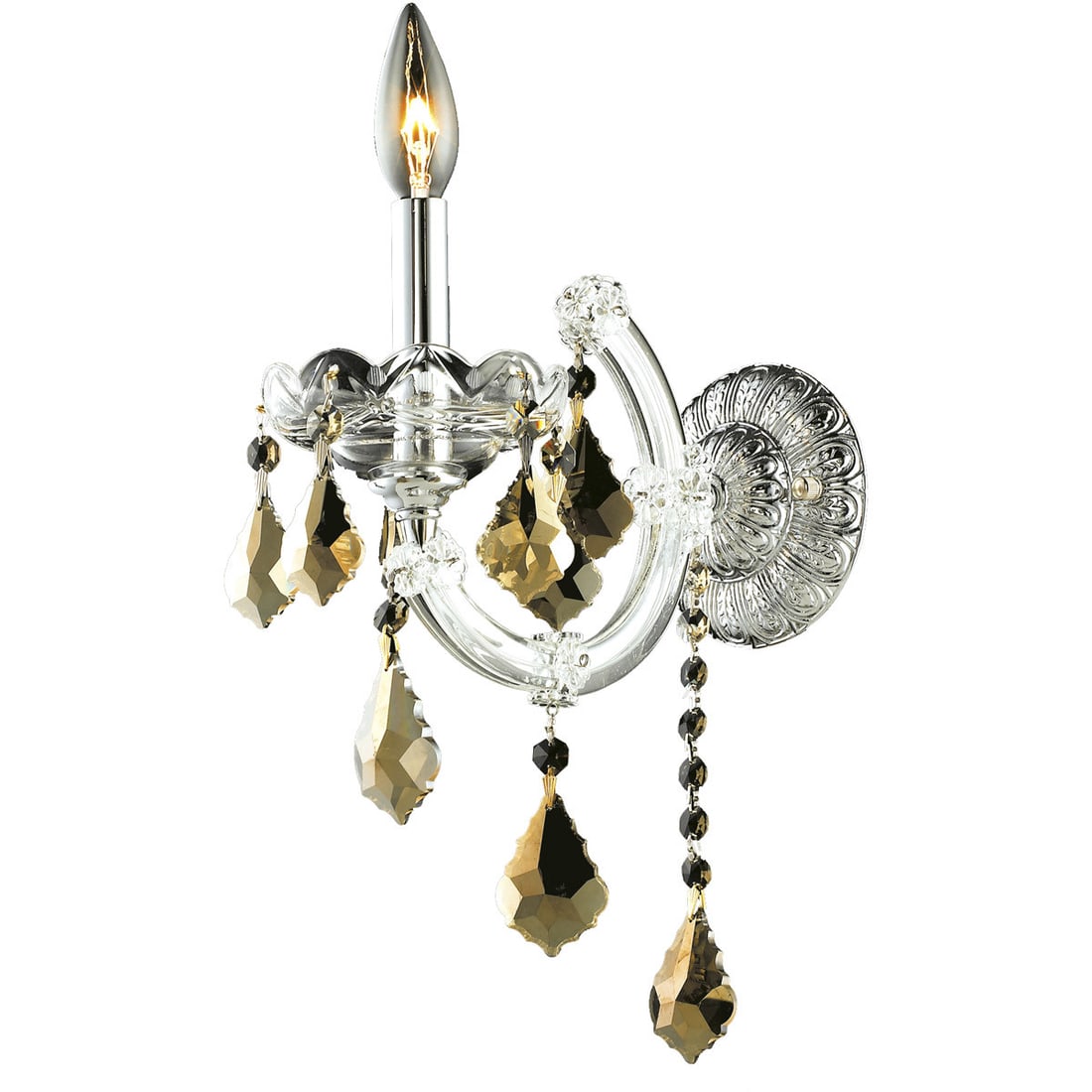 Maria Theresa 1 Light Wall Sconce in Chrome with Golden Teak Crystal: Maria Theresa 1 Light Wall Sconce in Chrome with Golden Teak Crystal Illuminate your space with this elegant Wall Sconce from the Maria Theresa collection. Featuring a polished chrome finish and adorn