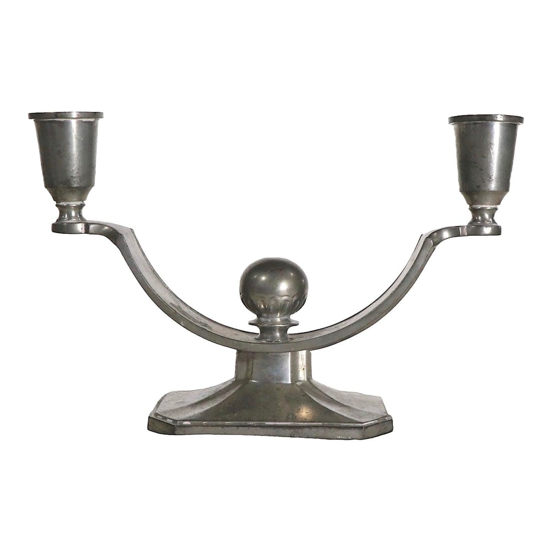 Just Andersen Art Deco Pewter Candelabra Model No 156 1920s: Just Andersen Art Deco Pewter Candelabra Model No 156 1920s This exquisite Art Deco two-arm candelabra, crafted by renowned Danish metalworker Just Andersen, embodies the elegance of the 1920s era. Mo