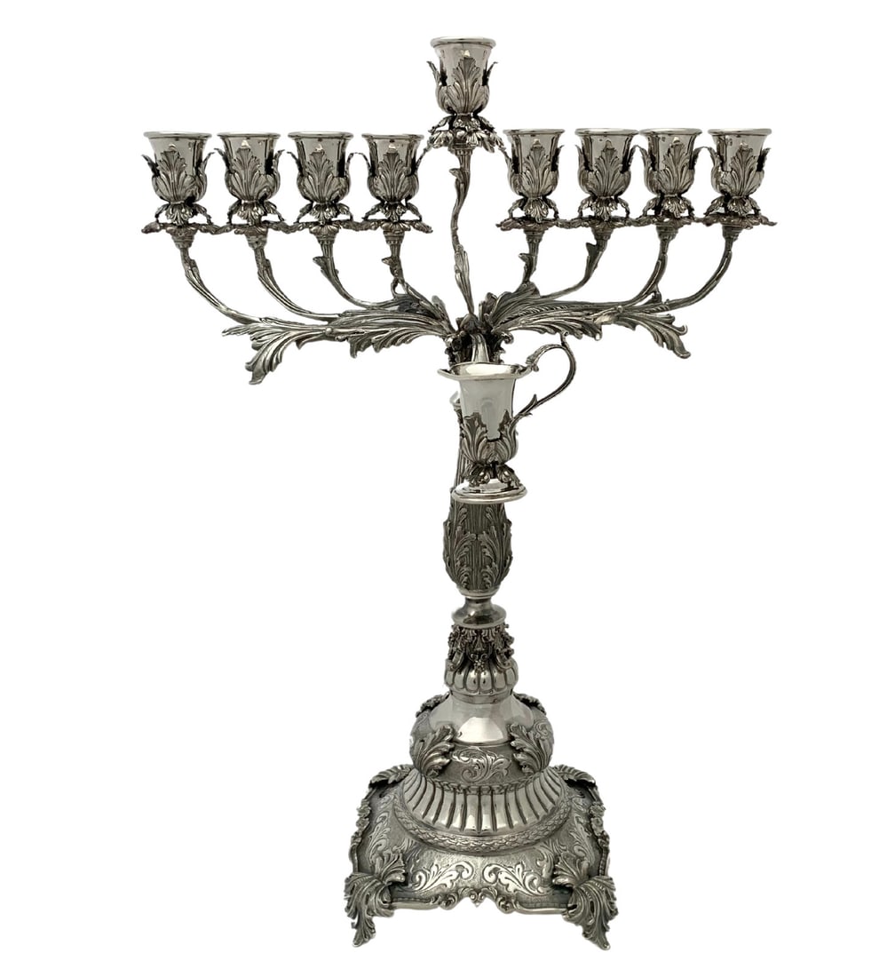 Elegant Handmade 925 Sterling Silver Leaf Swirl Chanukah Menorah: Elegant Handmade 925 Sterling Silver Leaf Swirl Chanukah Menorah This exquisite Italian 925 sterling silver Chanukah Menorah showcases a beautiful handmade design featuring elegant leaf applique swirl