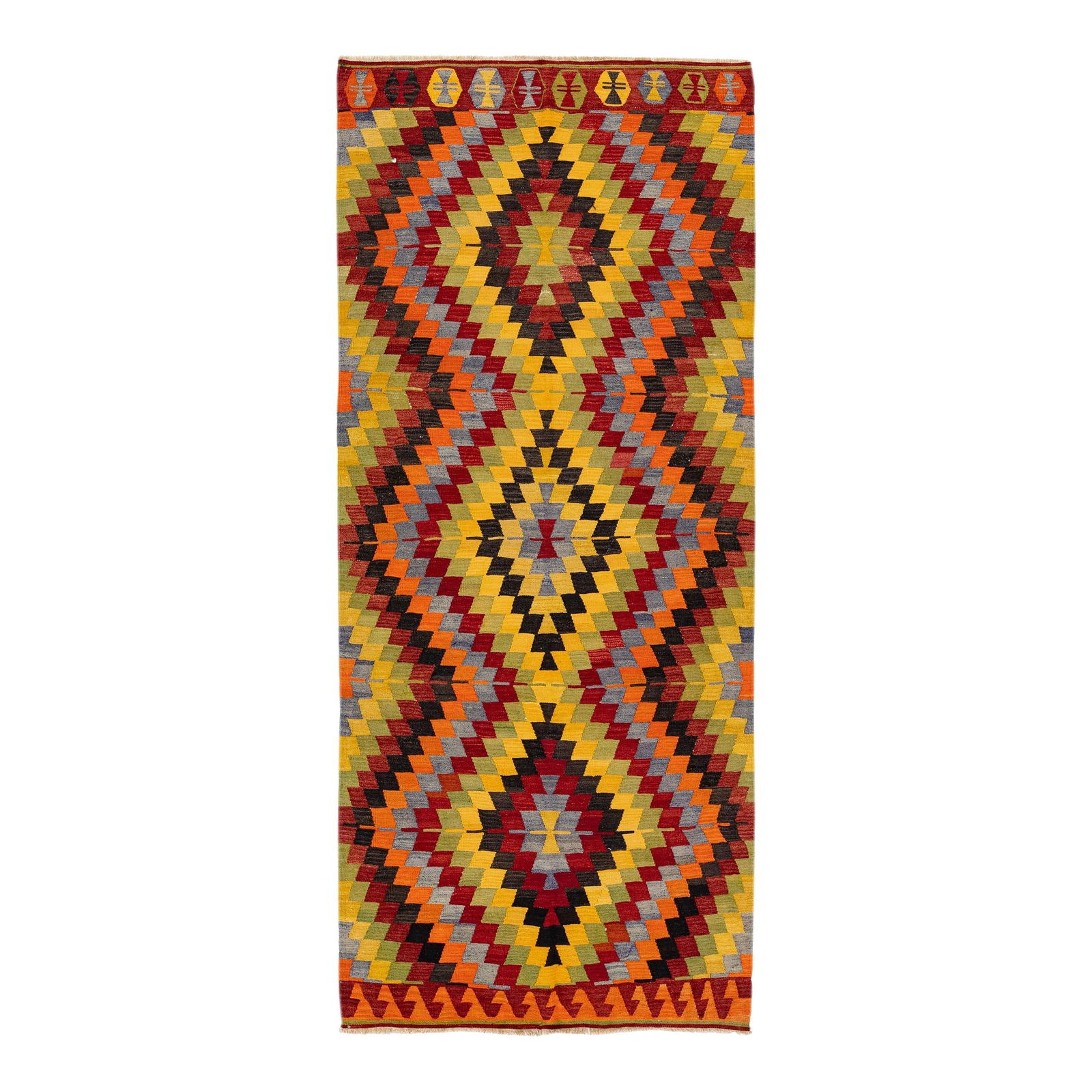 Vintage Sumakh Handmade Wool Rug 4'6 x 10'4 Multicolor Geometric Design: Vintage Sumakh Handmade Wool Rug 4'6 x 10'4 Multicolor Geometric Design This stunning Vintage Sumakh rug showcases a hand-knotted wool construction with a vibrant multicolor field adorned by a strikin