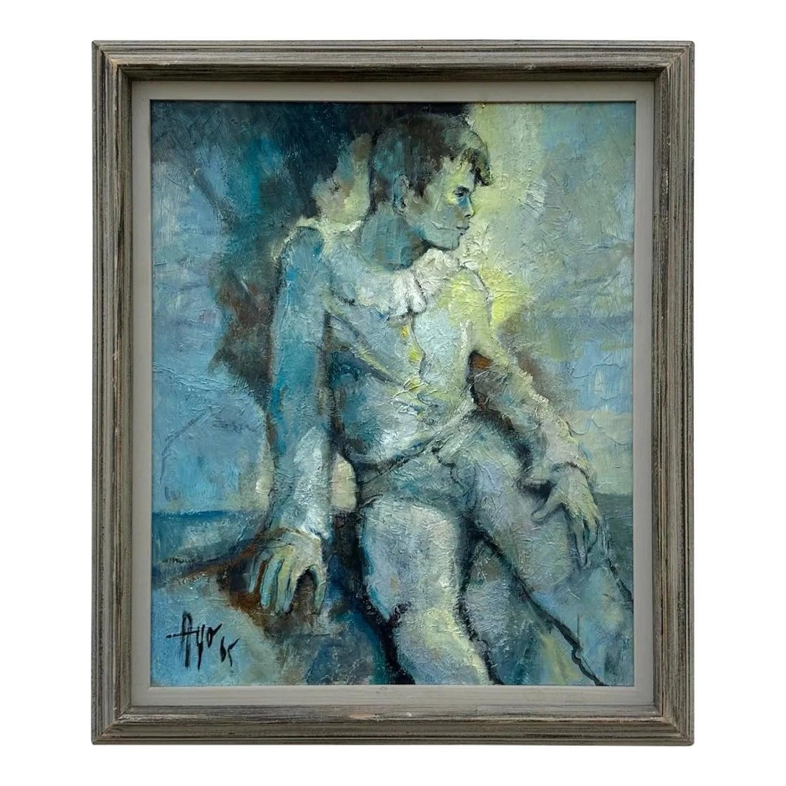 Abstract Bohemian Male Portrait Painting in Rustic Frame: Abstract Bohemian Male Portrait Painting in Rustic Frame This vintage Boho abstract figure painting depicts a man rendered in a blend of classic and contemporary artistic styles. Bold yet delicate bru