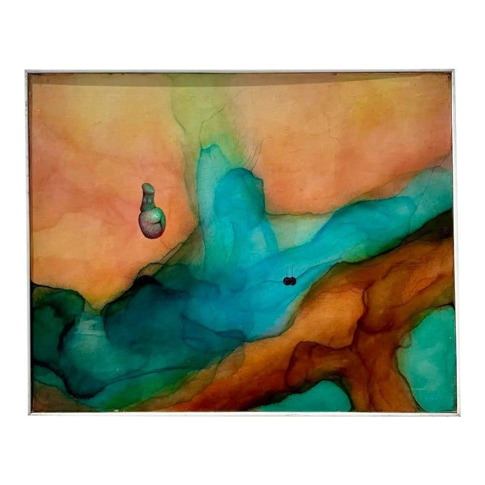 Layered Abstract Surreal Mixed Media Artwork on Canvas in Warm Tones: Layered Abstract Surreal Mixed Media Artwork on Canvas in Warm Tones This vintage boho mixed media painting on canvas features a layered composition blending warm tones of burnt orange, ochre, and sof