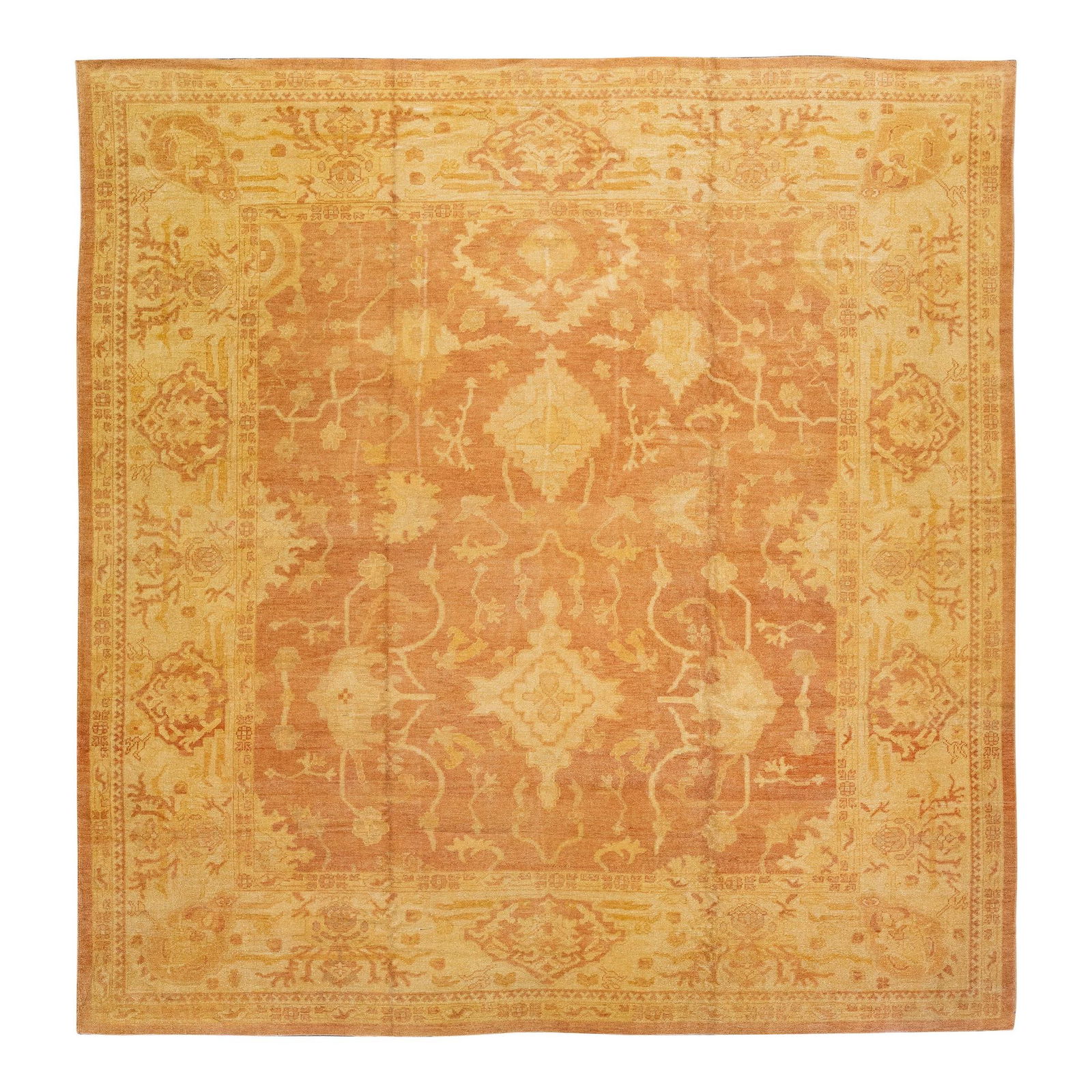 Handmade Turkish Oushak Wool Rug Orange-Rust Floral Design 13'6 x 14: Handmade Turkish Oushak Wool Rug Orange-Rust Floral Design 13'6 x 14 Enhance your living space with this exquisite modern Turkish hand-knotted wool rug. Featuring a captivating orange-rust color field