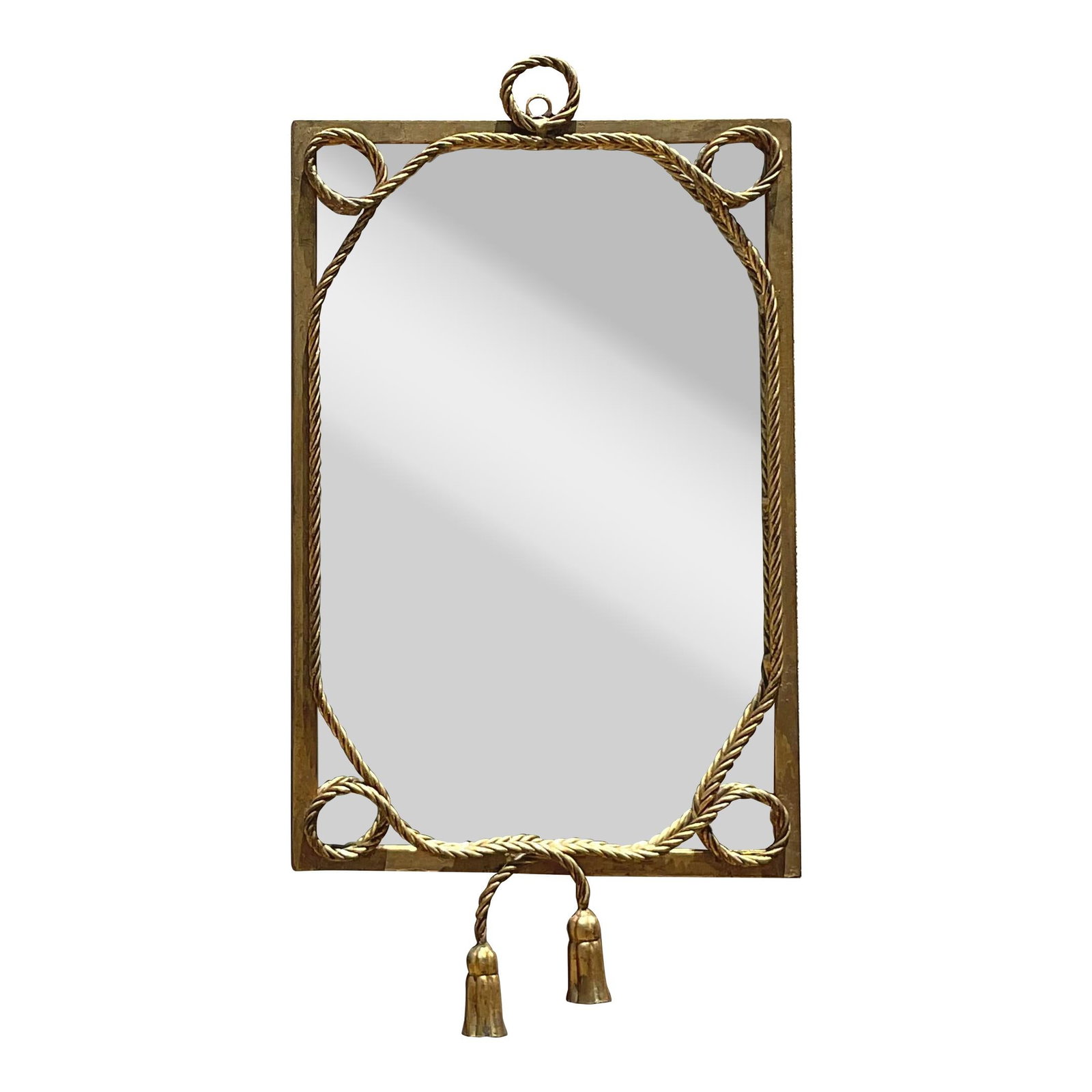 Vintage Regency Brass Mirror with Twisted Rope and Tassel Design: Vintage Regency Brass Mirror with Twisted Rope and Tassel Design Enhance your home decor with this Vintage Regency Gilt Twisted Rope and Tassel Mirror, a stunning piece that exudes timeless American e