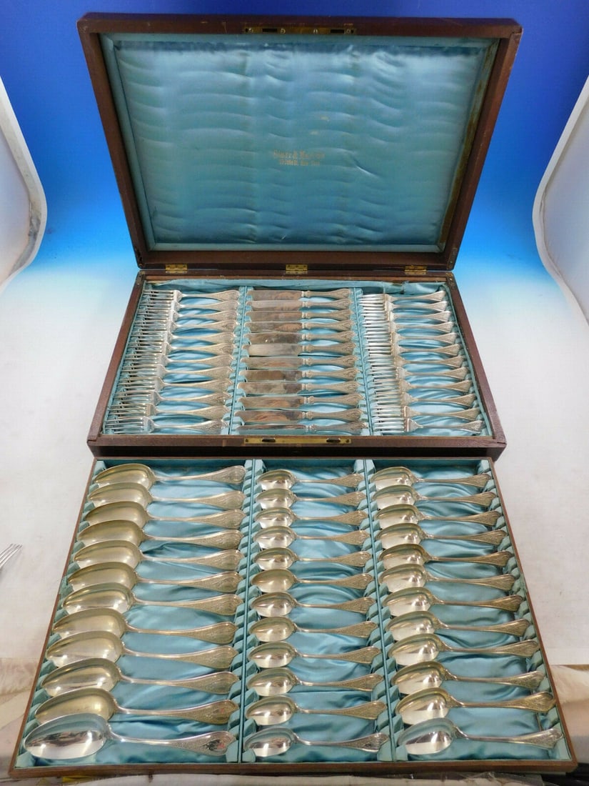 Rare Wendt Florentine Sterling Silver Flatware Set Service for 12 72 pcs: Rare Wendt Florentine Sterling Silver Flatware Set Service for 12 72 pcs Discover the elegance of the Florentine by Wendt Sterling Silver Flatware Set, a rare find from circa 1870. This exquisite 72-p