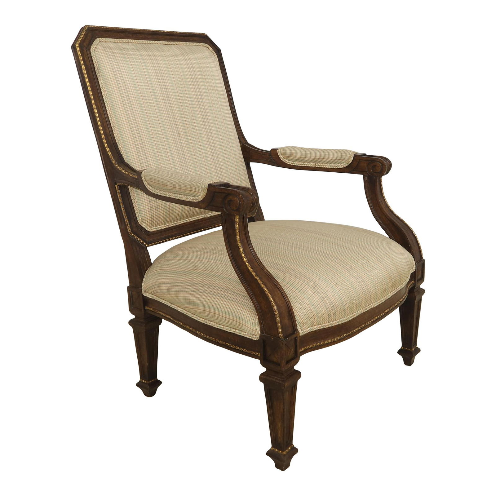 Elegant French Louis XVI Style Oversized Armchair with Gold Highlights: Elegant French Louis XVI Style Oversized Armchair with Gold Highlights This exquisite French Louis XVI style oversized open armchair showcases elegant design with gold highlights. Crafted approximatel