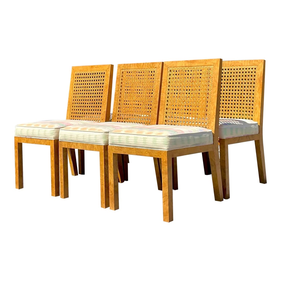 Set of 6 Vintage Boho Cane Burl Wood Dining Chairs Inspired by Widdicomb: Set of 6 Vintage Boho Cane Burl Wood Dining Chairs Inspired by Widdicomb Experience the allure of bohemian design with this exquisite set of 6 Vintage Boho Cane and Burl Wood Dining Chairs, inspired b