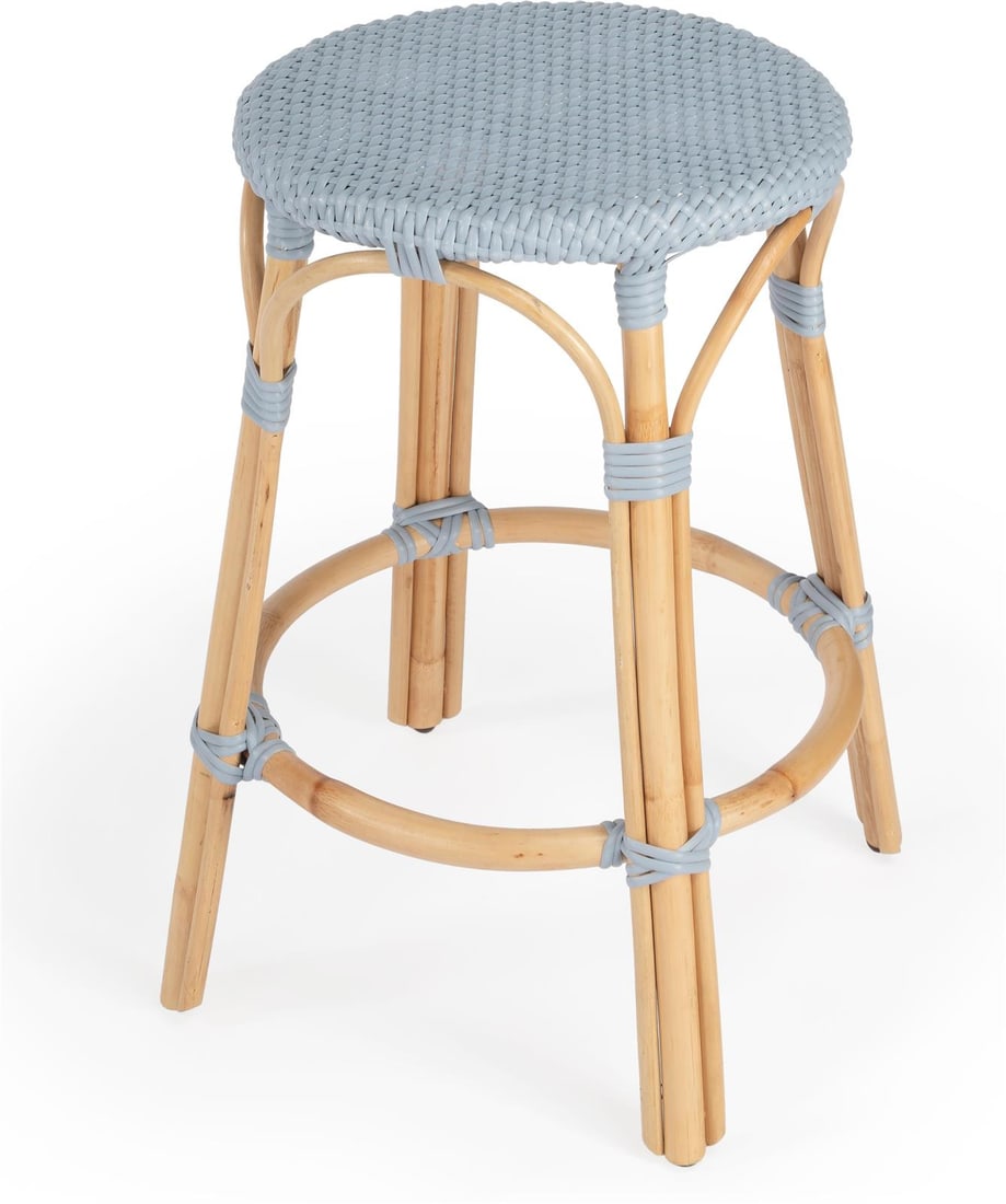 Butler Blue Rattan Round Counter Stool Coastal Style 24H: Butler Blue Rattan Round Counter Stool Coastal Style 24H Elevate your living space with this charming Butler's Blue Stool, perfect for adding a coastal touch to your decor. This round counter stool fe