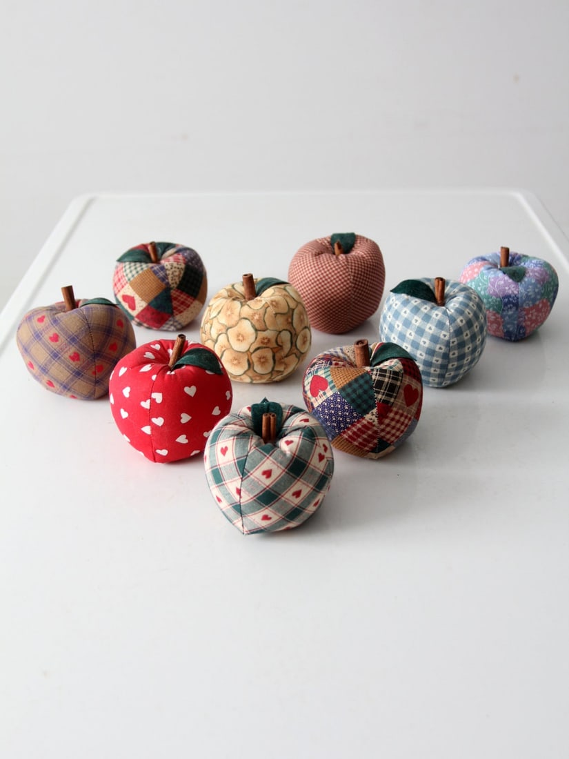 Rustic Vintage Fabric Apple Ornaments Set of 9 with Cinnamon Sticks: Rustic Vintage Fabric Apple Ornaments Set of 9 with Cinnamon Sticks Enhance your autumn decor with this delightful set of nine vintage hand-crafted fabric apple ornaments. Each decorative apple showca