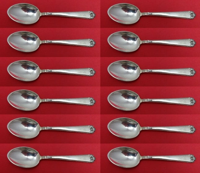 Watson Sterling Silver 12pc Demitasse Spoon Set George II Rex 4": Watson Sterling Silver 12pc Demitasse Spoon Set George II Rex 4" This exquisite 12-piece demitasse spoon set features the intricate George II Rex Hand Chased pattern, crafted by the renowned maker Wat
