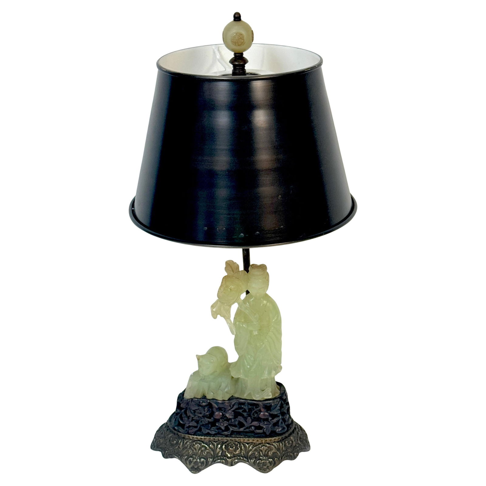 19in Chinese Carved Jadeite Guanyin Lamp with Cat and Bronze Base: 19in Chinese Carved Jadeite Guanyin Lamp with Cat and Bronze Base This exquisite table lamp features a beautifully carved Chinese jadeite figure of Guanyin, the bodhisattva of compassion, elegantly ac