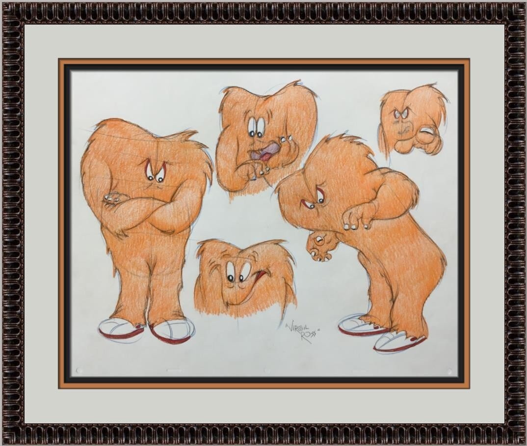 Gossamer Signed Model Sheet by Virgil Ross Custom Framed Warner Bros Animation: Gossamer Signed Model Sheet by Virgil Ross Custom Framed Warner Bros Animation This original signed model sheet drawing features Gossamer, illustrated by the legendary animator Virgil Ross. Rendered i