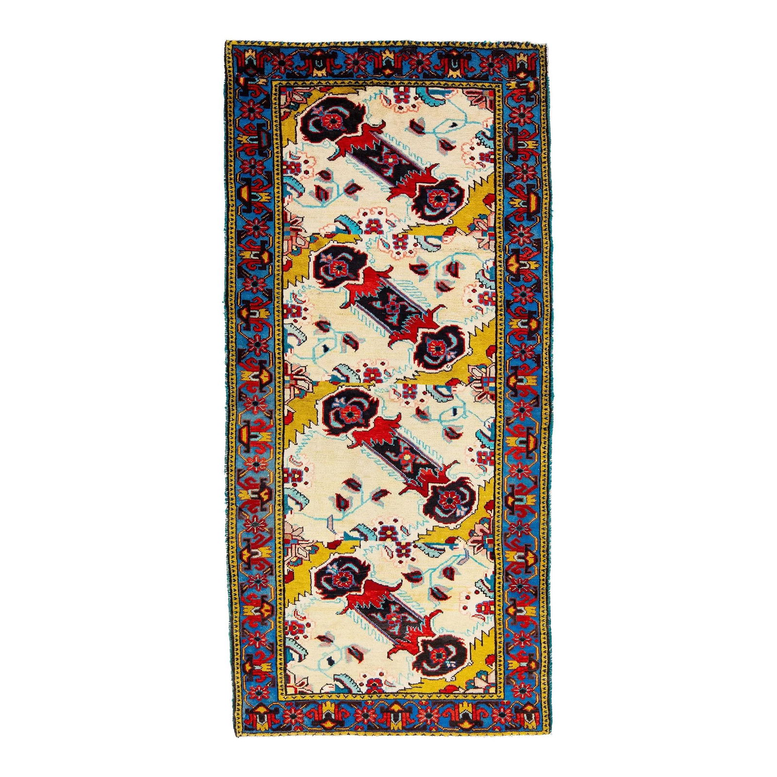 Vintage 1960s Multicolor Persian Shiraz Hand-Knotted Wool Rug 3'10 x 8'1: Vintage 1960s Multicolor Persian Shiraz Hand-Knotted Wool Rug 3'10 x 8'1 Enhance your space with this exquisite vintage Shiraz rug, hand-knotted from premium wool. Featuring a beautiful beige field, t